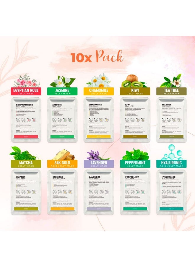 BRÜUN Peel-Off Jelly Mask Hydrating Premium Modeling Rubber Mask Spa Set - 10 Treatments (24k Gold, Lavender, Kiwi, Peppermint, Egyptian Rose, Matcha, Chamomile, Tea tree, Jazmine)