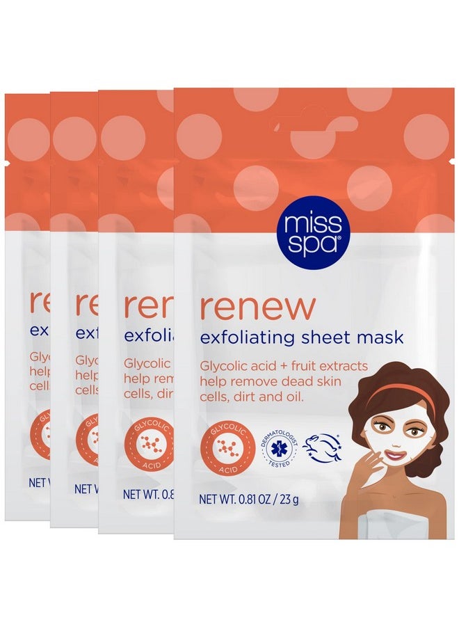 MISS SPA Renew Exfoliating Sheet Mask for Face, Skin Smoothing Face Mask Removes Dirt, Dead Skin and Oil, 4 Pack