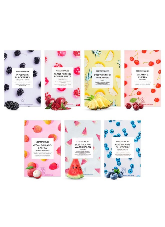 Vitamasques Face Masks Skincare Sheet Kit, 7-Pack - Juicy Collection of Triple-Layer Sheet Facial Masks - Pore Purifying, Brightening, and Hydrating