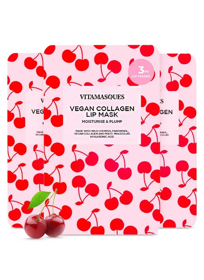 Vitamasques Lip Mask, 3-Pack - Cherry Vegan Collagen Lip Mask Sheets, Repair for Dry & Chapped Lips - Nourishing & Hydrating - Wild Cherries & Hyaluronic Acid - Vegan & Cruelty-Free