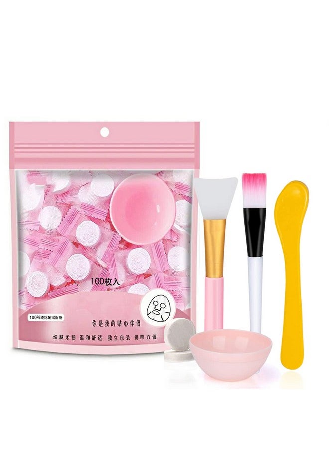 100 pcs Compressed Facial Mask Sheet Beauty DIY Disposable Mask Paper Natural Cotton Skin Care Wrapped Masks Normal Thick，Get a Small Mask Bowl, Mask Brushes