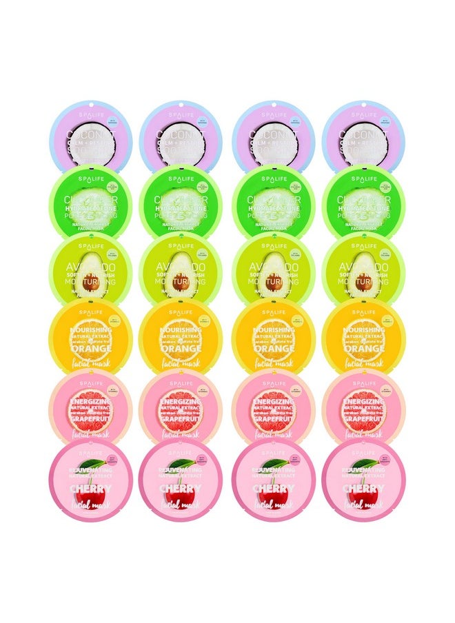 SpaLife Beauty Fruit Facial Sheet Masks 24 Pack - Face Masks Skincare Set - Hydrating Face Masks - 6 Natural Fruit Extract Formulas - Orange, Grapefruit, Strawberry, Cherry, Nectarine, Red Apple
