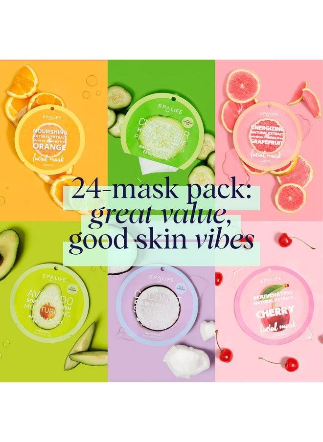 SpaLife Beauty Fruit Facial Sheet Masks 24 Pack - Face Masks Skincare Set - Hydrating Face Masks - 6 Natural Fruit Extract Formulas - Orange, Grapefruit, Strawberry, Cherry, Nectarine, Red Apple