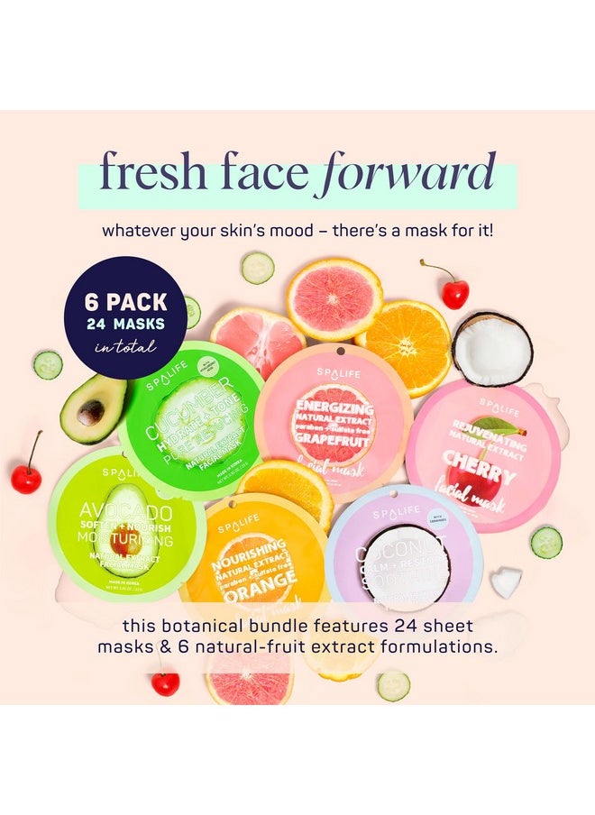 SpaLife Beauty Fruit Facial Sheet Masks 24 Pack - Face Masks Skincare Set - Hydrating Face Masks - 6 Natural Fruit Extract Formulas - Orange, Grapefruit, Strawberry, Cherry, Nectarine, Red Apple