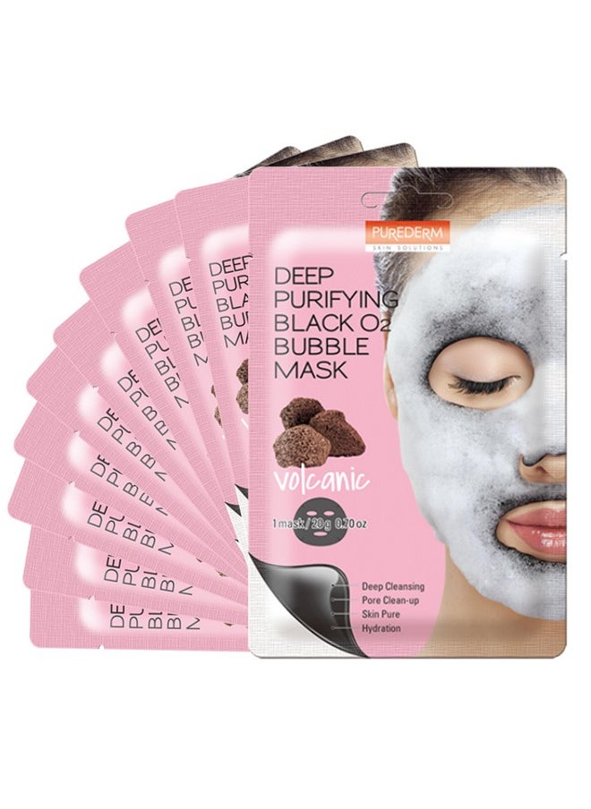 Purederm Deep Purifying Black O2 Bubble Mask Volcanic (10 Pack) - Bubble Face Sheet Mask for Purifying & Brightening