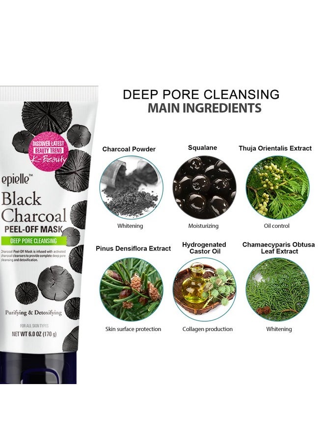 Epielle Black Charcoal Peel Off Face Mask | Deep Pore Cleansing with Activated Charcoal | Detoxifying and Purifying Blackhead Remover Mask | 6.0 fl oz | 2 Bulk Pack