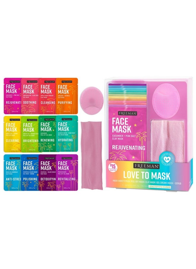 Freeman 14 Piece Love To Mask Variety Pack, Face Masks For All Skin Types, Hydrate, Detoxify, & Clear Skin, Exfoliating Scrub, Bonus Headband & Skin Buffer, Stocking Stuffer, Cruelty-Free & Vegan
