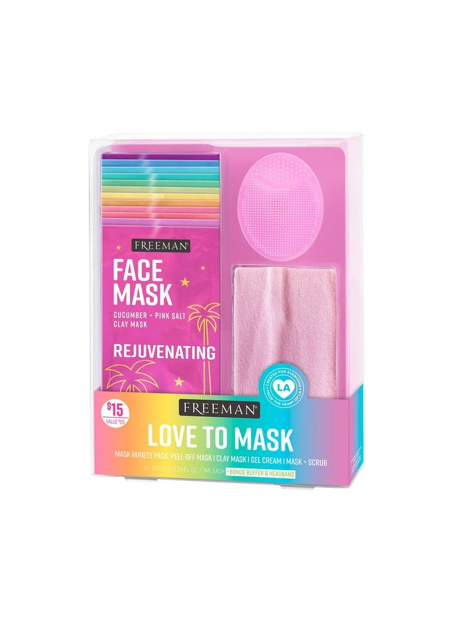 Freeman 14 Piece Love To Mask Variety Pack, Face Masks For All Skin Types, Hydrate, Detoxify, & Clear Skin, Exfoliating Scrub, Bonus Headband & Skin Buffer, Stocking Stuffer, Cruelty-Free & Vegan