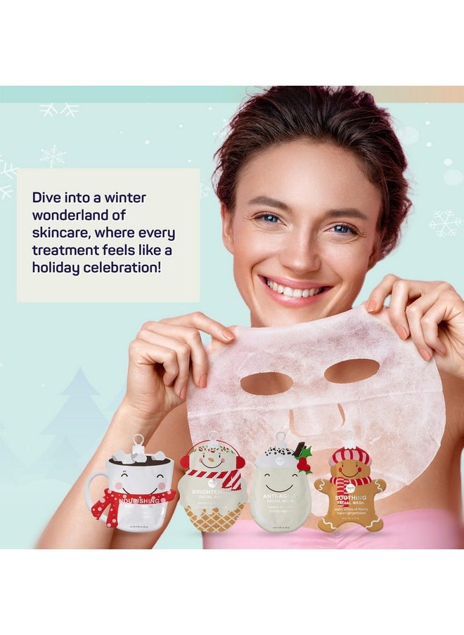 SpaLife Holiday Treats Facial Masks 12-Pack Assorted - Festive Christmas Skincare for Soothing and Nourishing - Gingerbread, Sundae, Cocoa & Eggnog