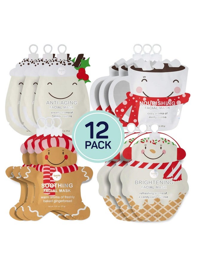 SpaLife Holiday Treats Facial Masks 12-Pack Assorted - Festive Christmas Skincare for Soothing and Nourishing - Gingerbread, Sundae, Cocoa & Eggnog