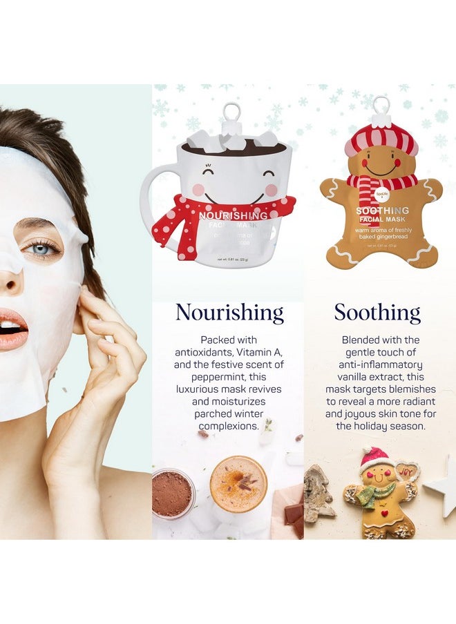 SpaLife Holiday Treats Facial Masks 12-Pack Assorted - Festive Christmas Skincare for Soothing and Nourishing - Gingerbread, Sundae, Cocoa & Eggnog