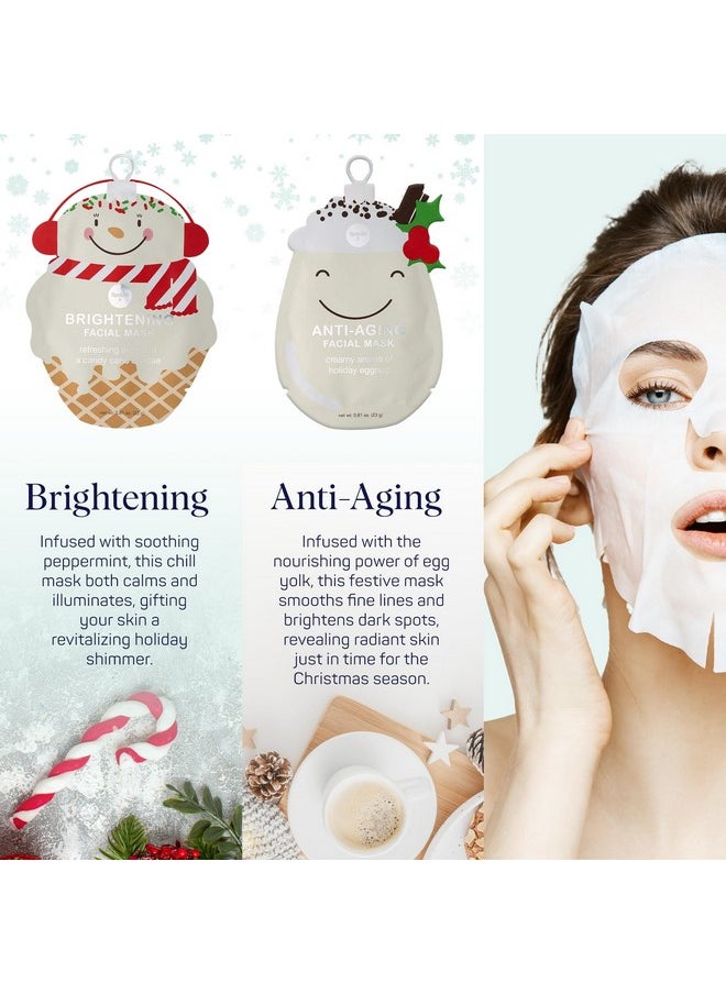 SpaLife Holiday Treats Facial Masks 12-Pack Assorted - Festive Christmas Skincare for Soothing and Nourishing - Gingerbread, Sundae, Cocoa & Eggnog