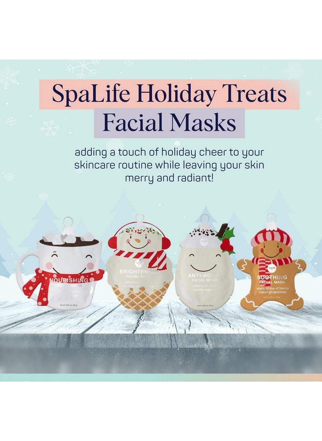 SpaLife Holiday Treats Facial Masks 12-Pack Assorted - Festive Christmas Skincare for Soothing and Nourishing - Gingerbread, Sundae, Cocoa & Eggnog
