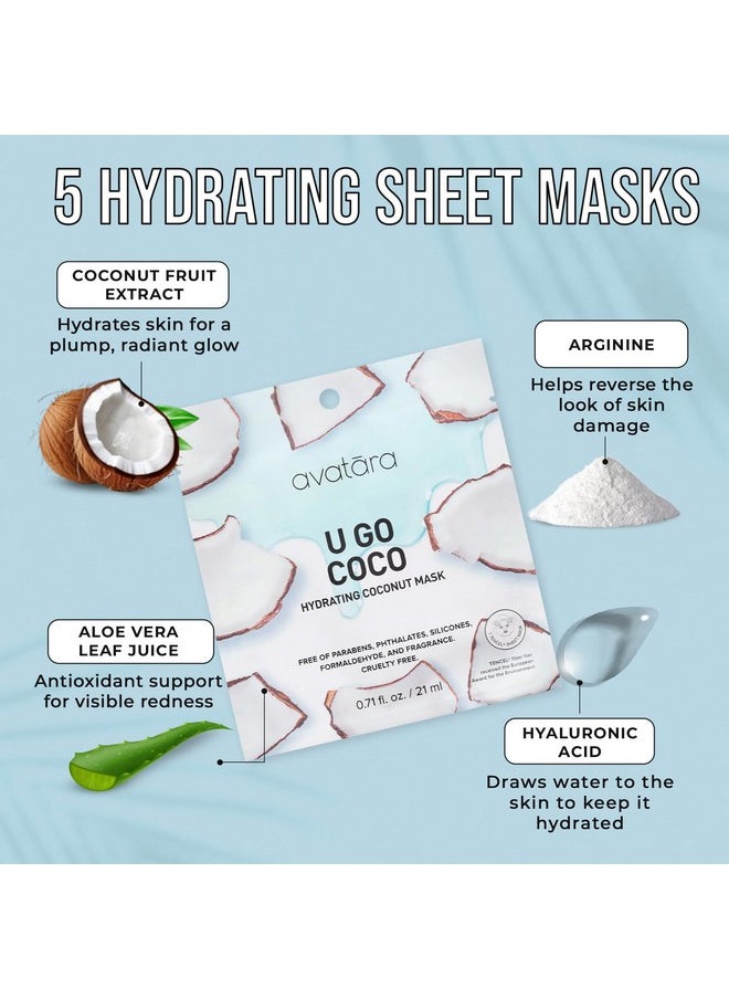 Avatara U Go Coco Facial Mask, Hydrating Mask 5 Sheets, Hydrating Sheet Masks, Coconut Fruit Extract & Hyaluronic Acid, Face Mask Skincare Beauty Essential, Soothe Skin. Moisture Protection, 5 Pack