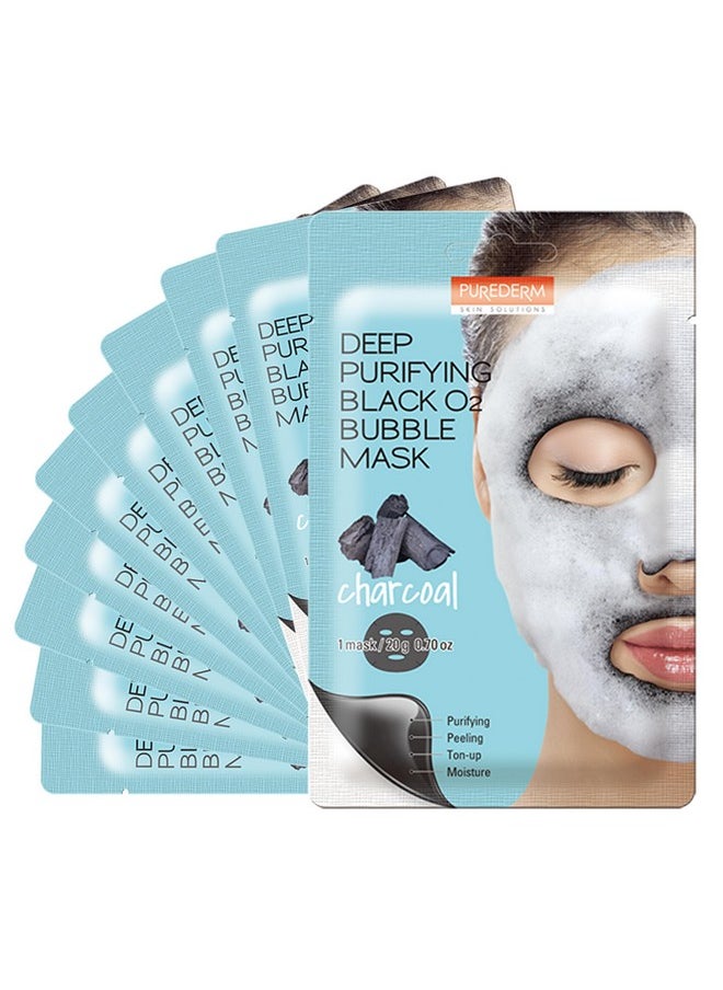 Purederm Deep Purifying Black O2 Bubble Mask Charcoal (10 Pack) - Bubble Face Sheet Mask for Purifying & Brightening