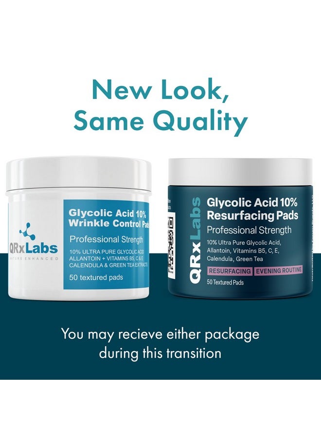 QRxLabs Glycolic Acid 10% Wrinkle Control Pads for Face & Body - 10% Glycolic Acid, Allantoin, Vitamins B5, C & E, Calendula & Green Tea Extract - Face Pads for Smooth Skin - Prevents Wrinkles & Lines