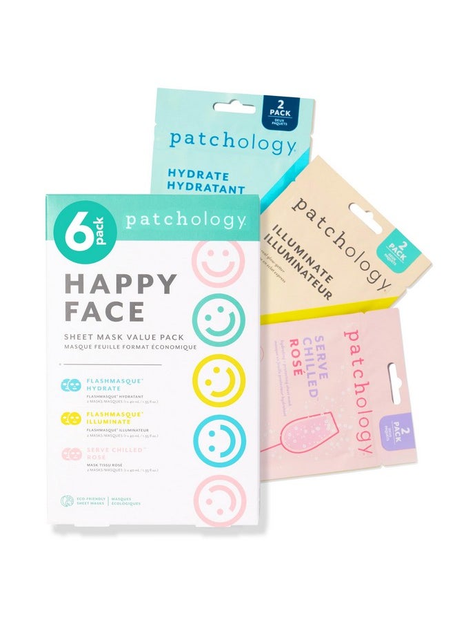 Patchology Face Mask Variety Pack - Brightening Face Mask with Vitamin C stimulates collagen, Hydrating Face Masks with Hyaluronic Acid soften skin, Renewing Face Masks with Strawberry (6 Masks)