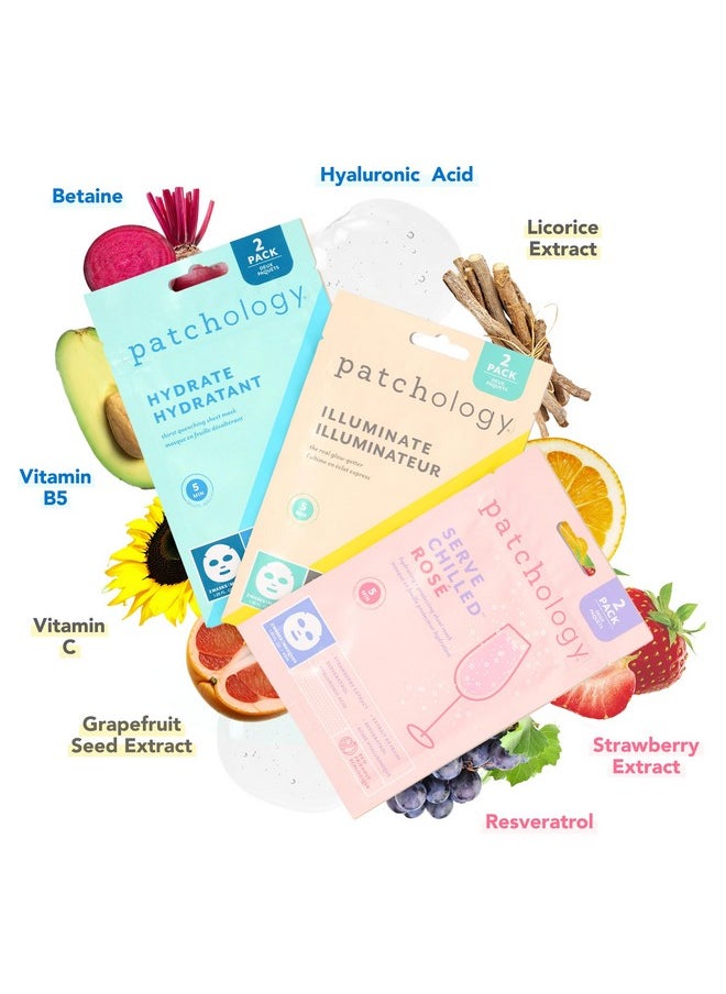 Patchology Face Mask Variety Pack - Brightening Face Mask with Vitamin C stimulates collagen, Hydrating Face Masks with Hyaluronic Acid soften skin, Renewing Face Masks with Strawberry (6 Masks)