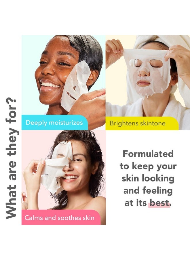 Patchology Face Mask Variety Pack - Brightening Face Mask with Vitamin C stimulates collagen, Hydrating Face Masks with Hyaluronic Acid soften skin, Renewing Face Masks with Strawberry (6 Masks)