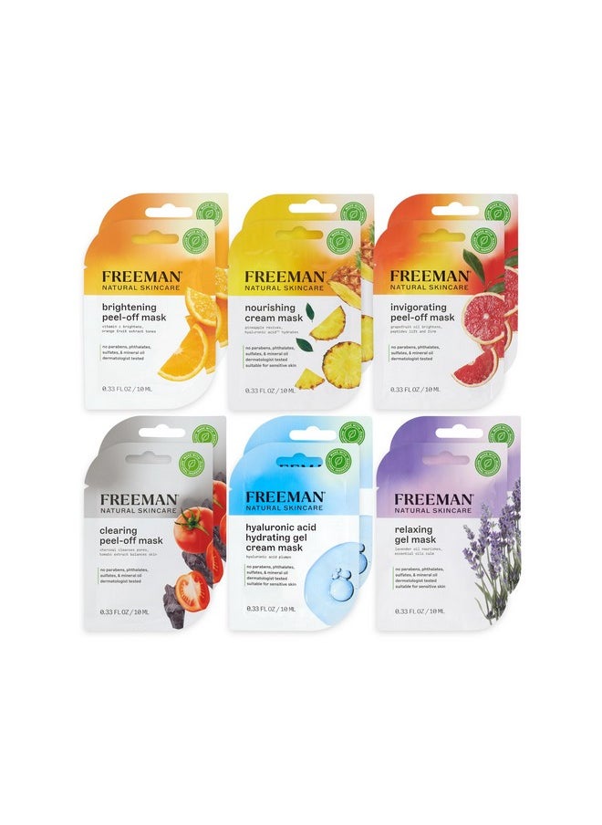 Freeman Naturals Facial Mask 12 Piece Variety Bundle, Peel-Off, Gel & Cream Face Masks, Hydrating, Brightening, & Nourishing Skincare, Natural Ingredients, Travel Size, 0.33 fl. oz./10 ml Sachets