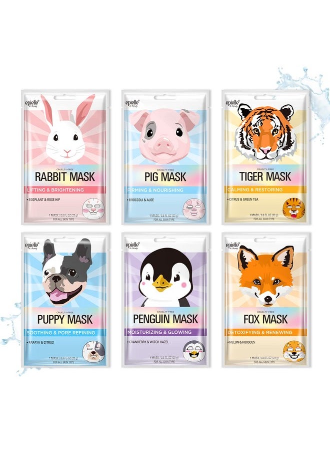 Epielle Animal Character Sheet Masks | Korean Beauty Masks for All Skin Types | Pack of 6 | Kids Face Mask, Birthday Party Gift, Girls' Night, Spa Day, Spa Night | Korean Skincare