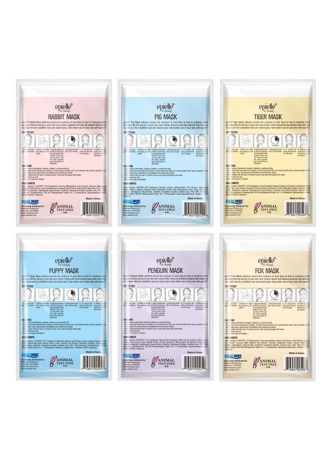Epielle Animal Character Sheet Masks | Korean Beauty Masks for All Skin Types | Pack of 6 | Kids Face Mask, Birthday Party Gift, Girls' Night, Spa Day, Spa Night | Korean Skincare