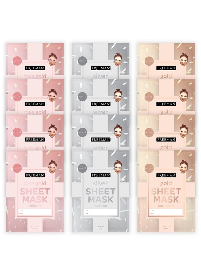 Freeman Limited Edition Christmas Metallic Sheet Masks, Variety 12 Pack, Luminizing Gold, Purifying Silver, Soothing Rose Gold, Perfect for Wife, Spouse, Girlfriend, or Daughter