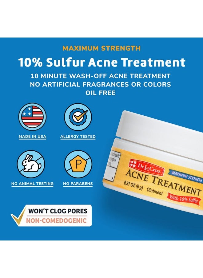 De La Cruz 10% Sulfur Ointment Travel Size - Cystic Acne Treatment for Face and Body - Daily 10 Min Spot Treatment Mask Safe and Effective Game Changing Hormonal Acne Treatment 0.21oz 6g
