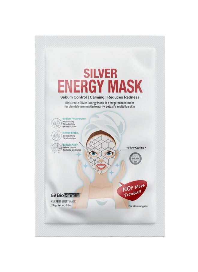 BioMiracle Silver Energy Mask with Sodium Hyaluronate, Ginkgo Biloba, Salicylic Acid for blemish-prone skin to purify, detoxify, revitalize skin