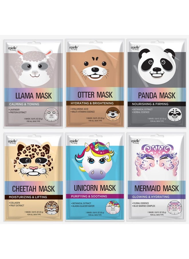 Epielle Animal Character Sheet Masks | Korean Spa Masks for All Skin Types | Kids Face Mask, Spa Gifts, Kids' Birthday Party, Girls' Night, Skincare Party | Assorted 6 Pack | Korean Skincare
