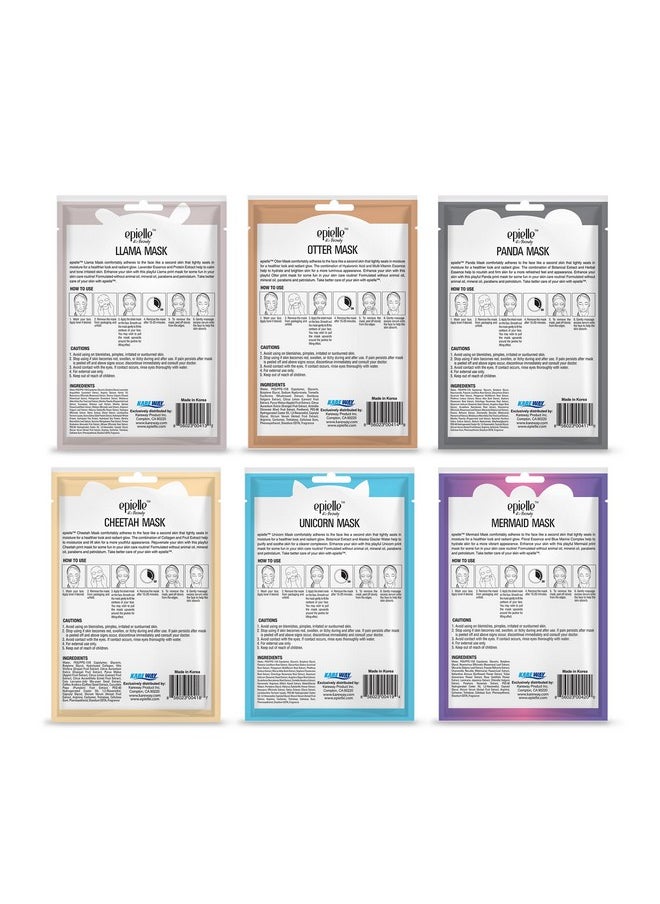 Epielle Animal Character Sheet Masks | Korean Spa Masks for All Skin Types | Kids Face Mask, Spa Gifts, Kids' Birthday Party, Girls' Night, Skincare Party | Assorted 6 Pack | Korean Skincare