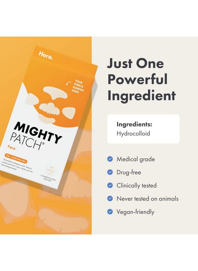 Mighty Patch Face from Hero Cosmetics - XL Hydrocolloid Mask for Acne, 5 Large Pimple Patches for Zit Breakouts on Nose, Chin, Forehead & Cheeks - Vegan-Friendly, Not Tested on Animals (1 Count)