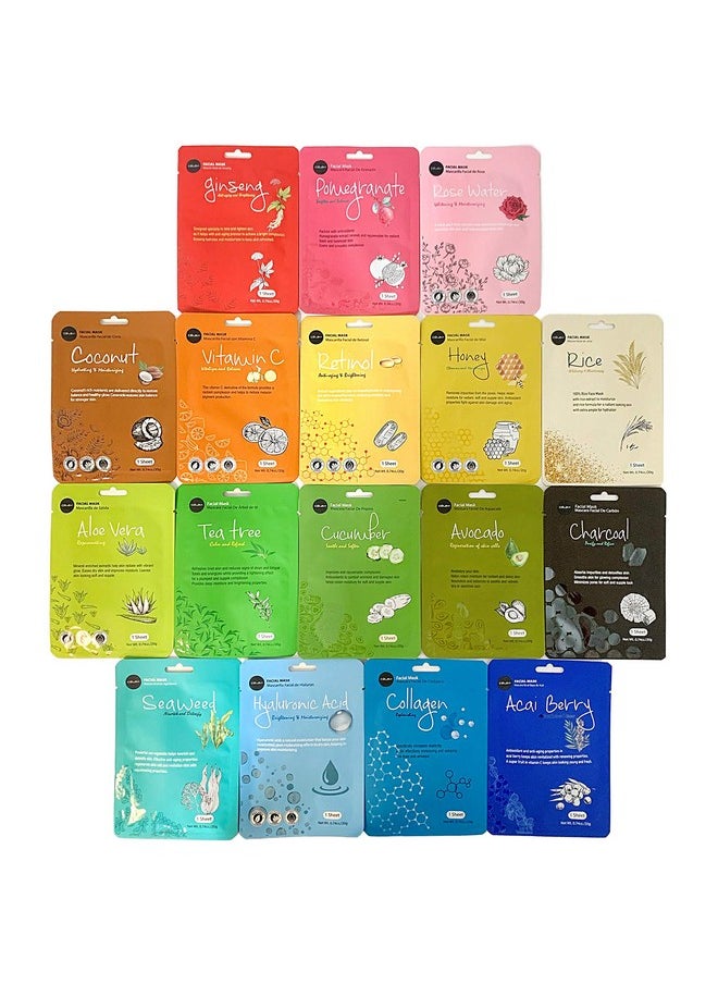 Celavi Essence Facial Sheet Face Mask Variety Set (17-Packs) Classic Korean Skincare