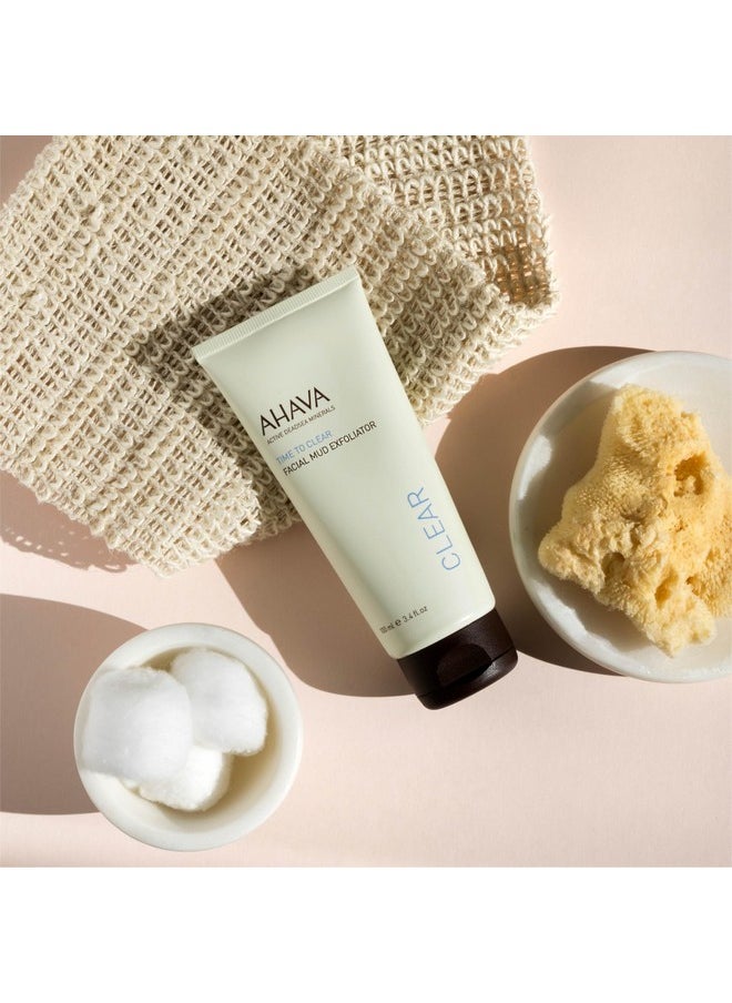 AHAVA Time To Clear Facial Mud Exfoliator - Gentle mud-based scrub to purify, exfoliate & fresh the skin, unveils radiant, boosts skincare absorption, with Osmoter, Vitamin E & Dead Sea Mud, 3.4 Fl.Oz