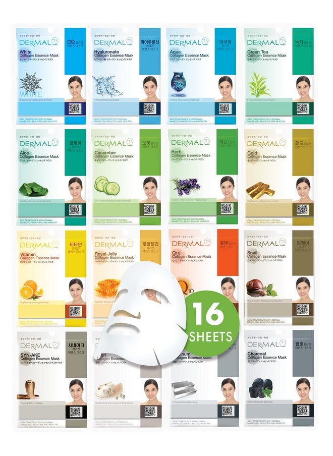 DERMAL 16 Combo Pack A Collagen Essence Korean Face Mask - Hydrating & Soothing Facial Mask with Panthenol - Hypoallergenic Self Care Sheet Mask for All Skin Types - Natural Home Spa Treatment Masks