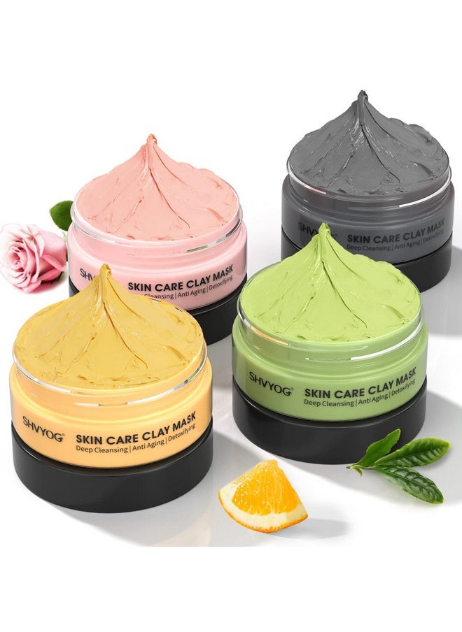 4 Pcs Clay Facial Mask Gift Set - Turmeric, Vitamin C, Green Tea, Dead Sea Mud, and Rose Clay for Deep Cleansing, Moisturizing, and Refining Pores - 240g