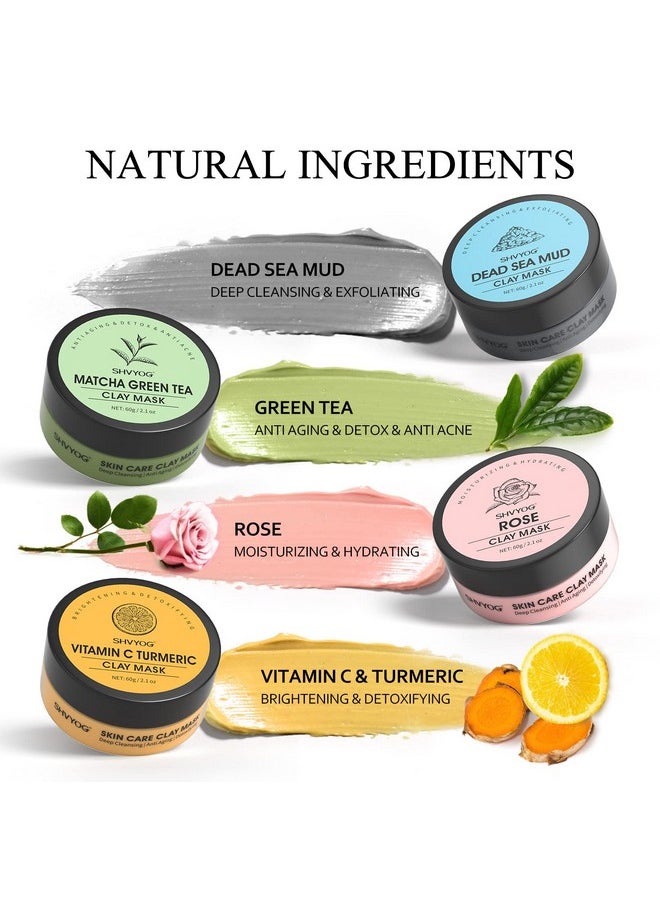 4 Pcs Clay Facial Mask Gift Set - Turmeric, Vitamin C, Green Tea, Dead Sea Mud, and Rose Clay for Deep Cleansing, Moisturizing, and Refining Pores - 240g