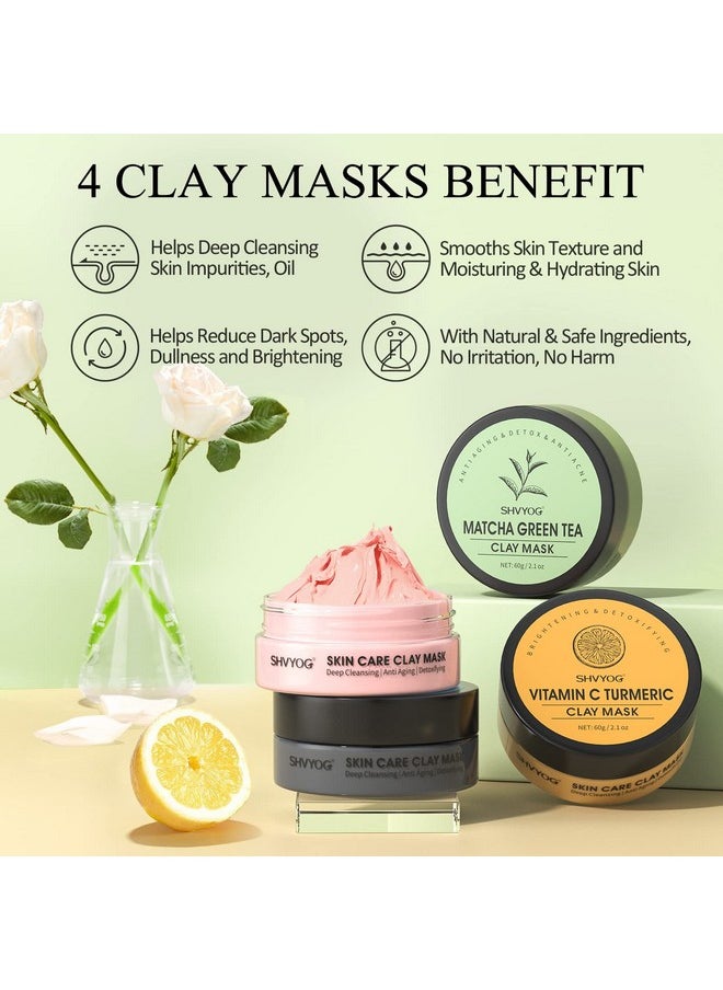 4 Pcs Clay Facial Mask Gift Set - Turmeric, Vitamin C, Green Tea, Dead Sea Mud, and Rose Clay for Deep Cleansing, Moisturizing, and Refining Pores - 240g