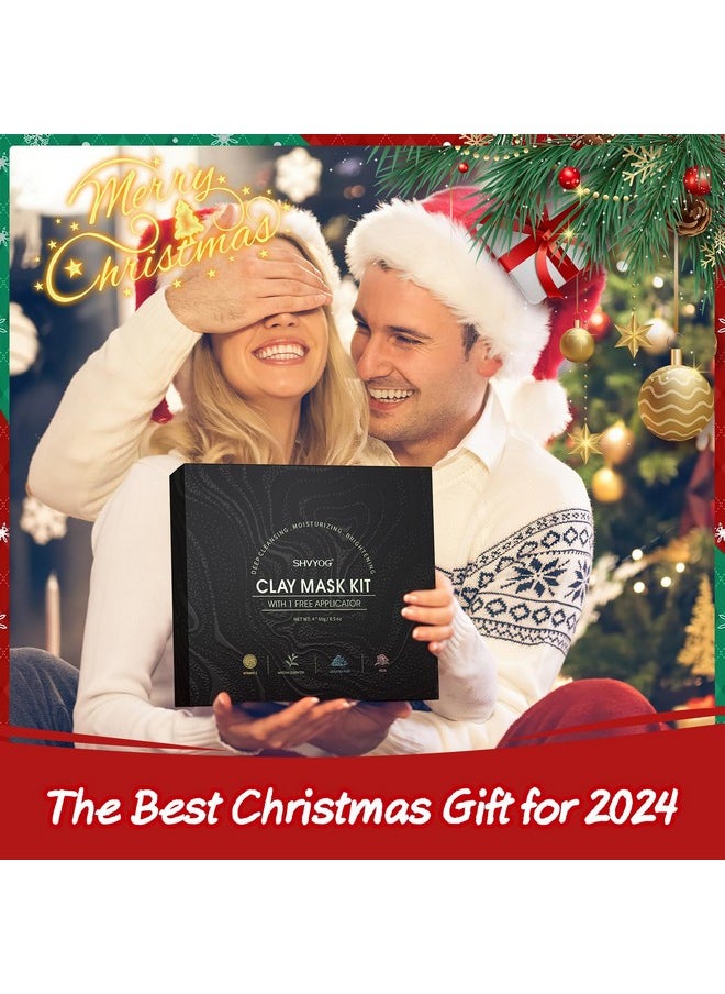 4 Pcs Clay Facial Mask Gift Set - Turmeric, Vitamin C, Green Tea, Dead Sea Mud, and Rose Clay for Deep Cleansing, Moisturizing, and Refining Pores - 240g