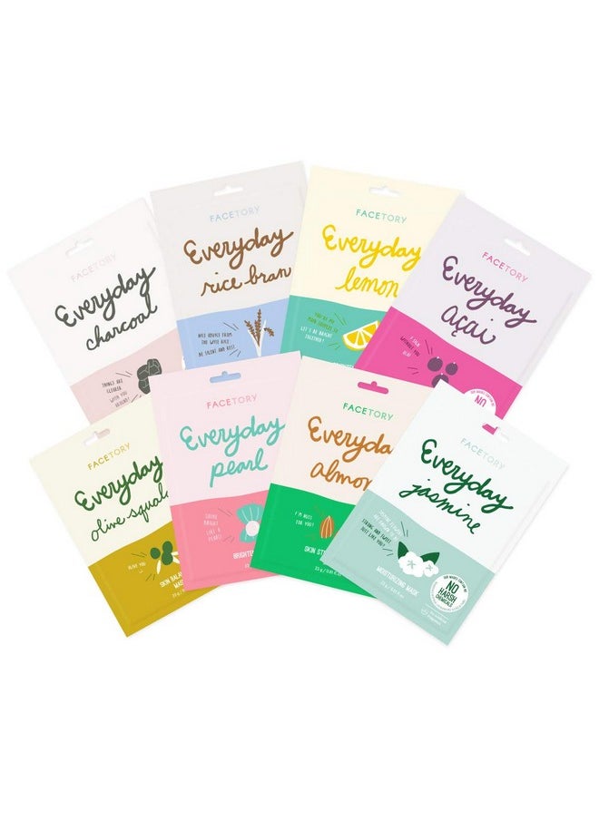 FACETORY K Beauty Face Mask Skin Care - EVERYDAY 8 COLLECTION Sheet Mask Set | Natural Premium Korean Face Mask For All Skin Types - No Sulfates No Parabens (8 pc)