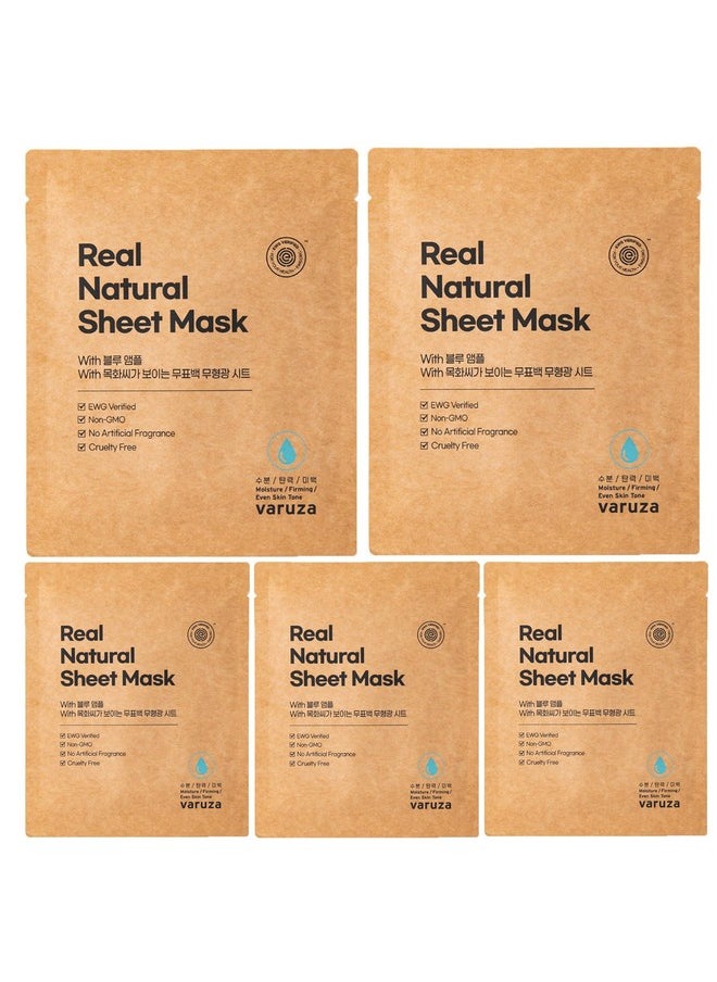 K-Beauty Real Natural Sheet Mask with Blue Ampoule with Unbleached & Non-fluorescent sheet EWG Verified Non-GMO Cruelty Free No Artificial Fragrance Firming 5 Count
