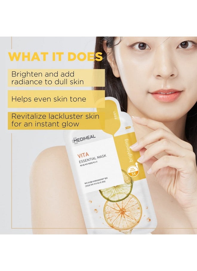 MEDIHEAL Best Korean Sheet Mask - Vita Essential Face Mask 10 Sheets Vitamin Mask For All skin types Smoothing Tightening Toning up Brightening