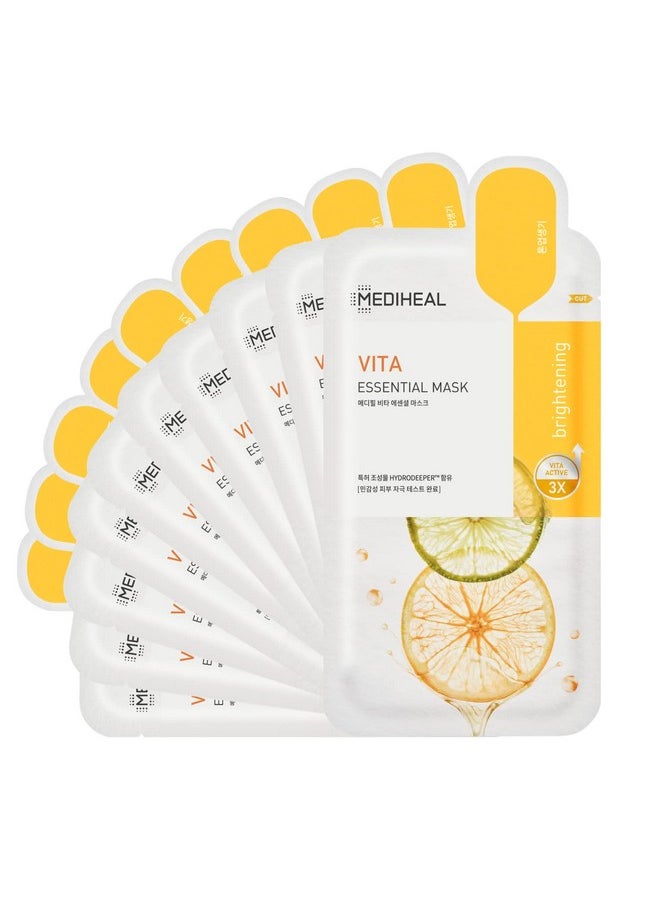 MEDIHEAL Best Korean Sheet Mask - Vita Essential Face Mask 10 Sheets Vitamin Mask For All skin types Smoothing Tightening Toning up Brightening