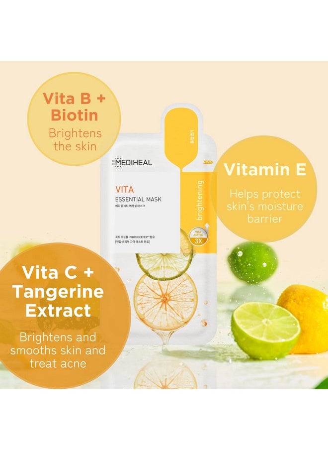 MEDIHEAL Best Korean Sheet Mask - Vita Essential Face Mask 10 Sheets Vitamin Mask For All skin types Smoothing Tightening Toning up Brightening