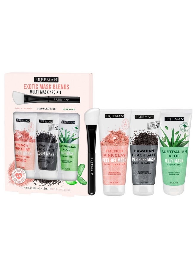Freeman Exotic Blends Facial Mask 4 Piece Set, Peel-Off & Jelly Masks, Cleansing, Pore-Clearing & Hydrating Facial Masks, For All Skin Types, Includes Silicone Mask Brush, Vegan & Cruelty-Free