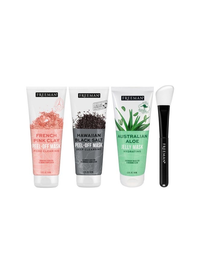 Freeman Exotic Blends Facial Mask 4 Piece Set, Peel-Off & Jelly Masks, Cleansing, Pore-Clearing & Hydrating Facial Masks, For All Skin Types, Includes Silicone Mask Brush, Vegan & Cruelty-Free