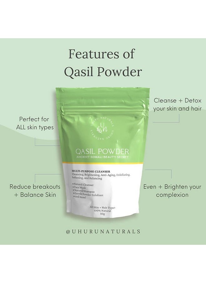 Uhuru Naturals Qasil Powder 50 Grams - Ancient Somali Beauty Secret, Gentle Deep Cleansing Facial Mask for Beautiful Glowing Skin. Reduces Dark Marks and Scars. Brightens. Detoxifies.