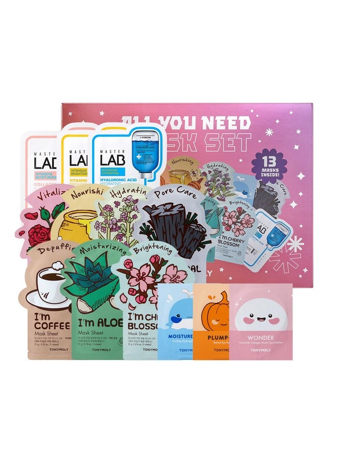 TONYMOLY All You Need Mask Set, Hydrate & Refresh Skin, Sheet Masks for all Skin Types & Concerns, Variety Pack of 13 Masks