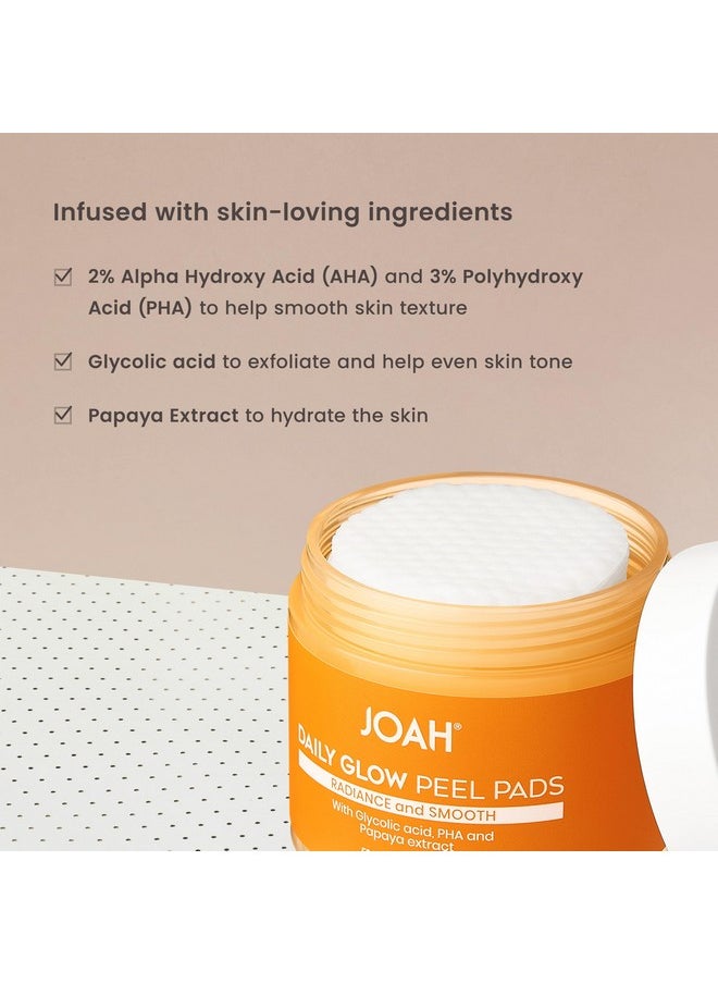 JOAH Daily Glow Exfoliating Cotton Peel Pads with Glycolic Acid, Infused with PHA & Papaya Extract, Free of Gluten, Parabens, Phthalates, SLS, & Formaldehyde, 50 Pads - 3.04 US fl. oz.