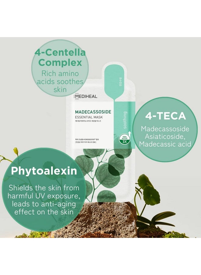 Mediheal Best Korean Sheet Mask - Madecassoside Essential Face Mask 10 Sheets For Sensitive Blemish Prone All Skin Types Hydrating Moisturizing Calming Soothing